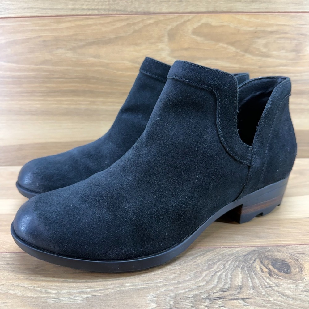 Sorel‎ Lolla Cut Out Booties Womens 10 Black Suede Ankle Low Heel